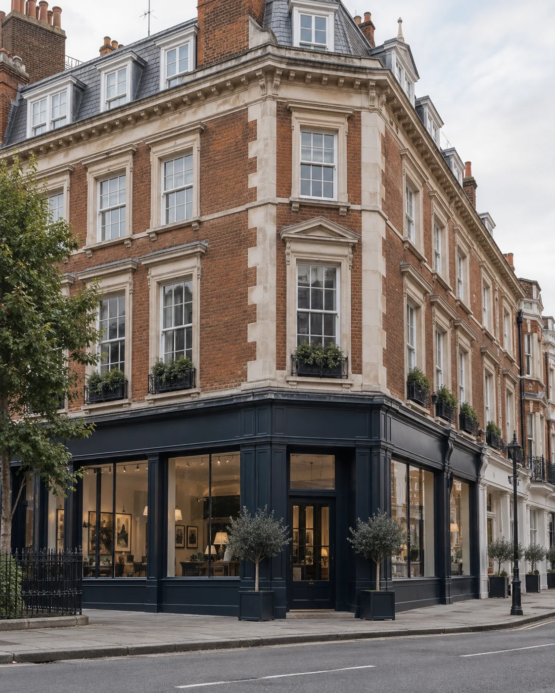An illustrative British corner property with shops on the ground floor and apartments above